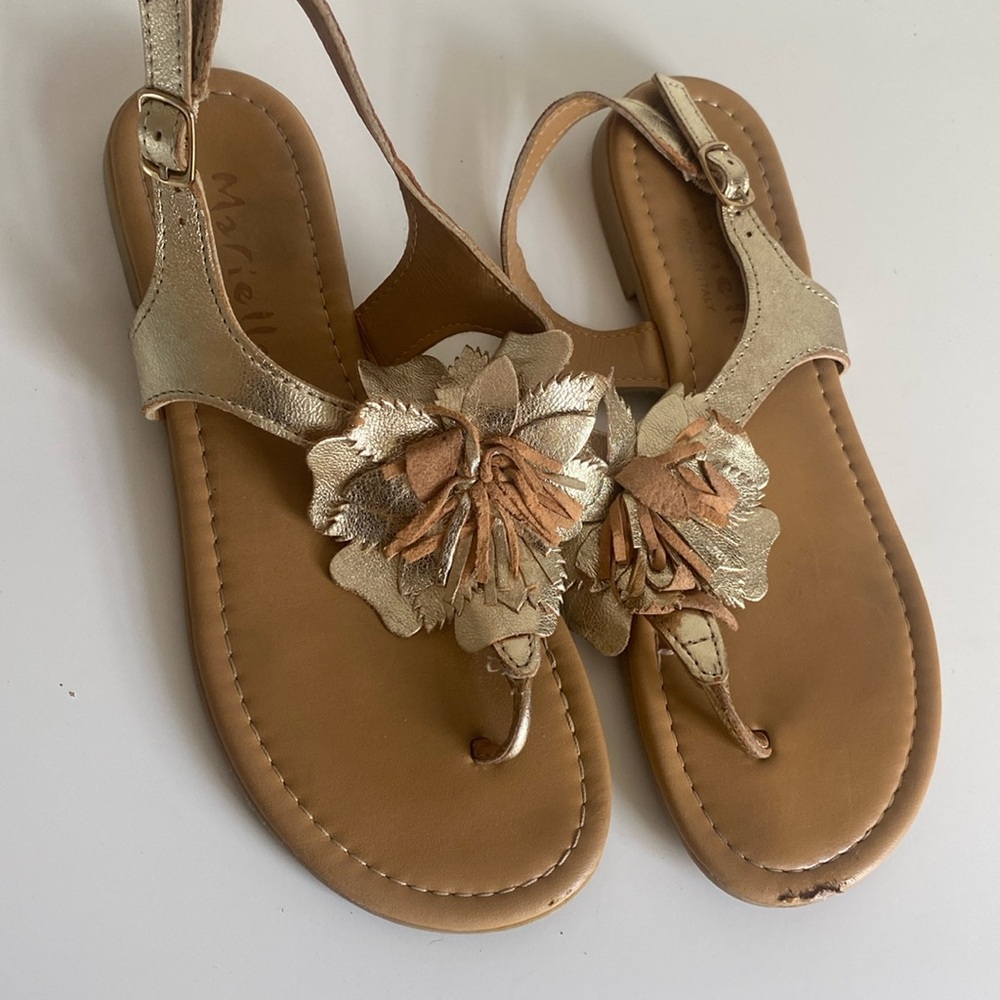 Mariella Leather Floral Flat Sandals in Metallic Gold Size 7 Made in Italy